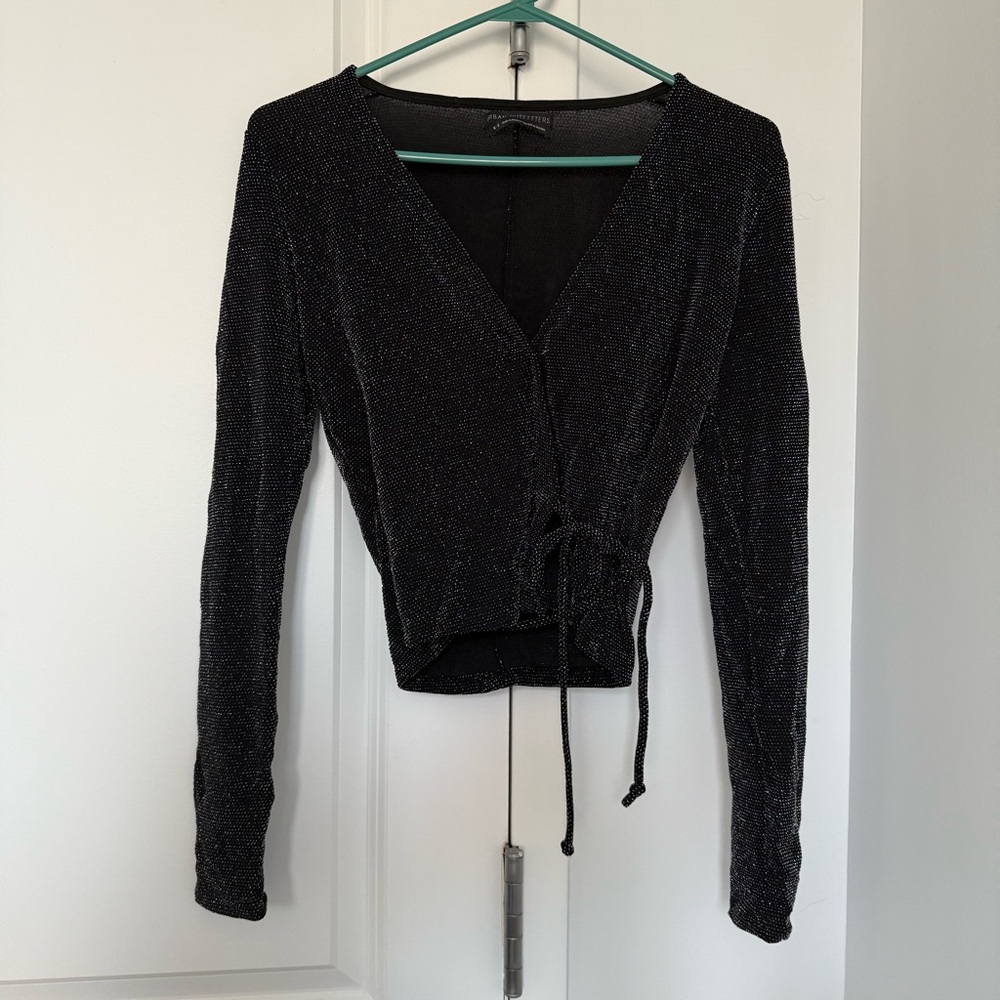 Black Sparkly Wrap Front Long Sleeve Top